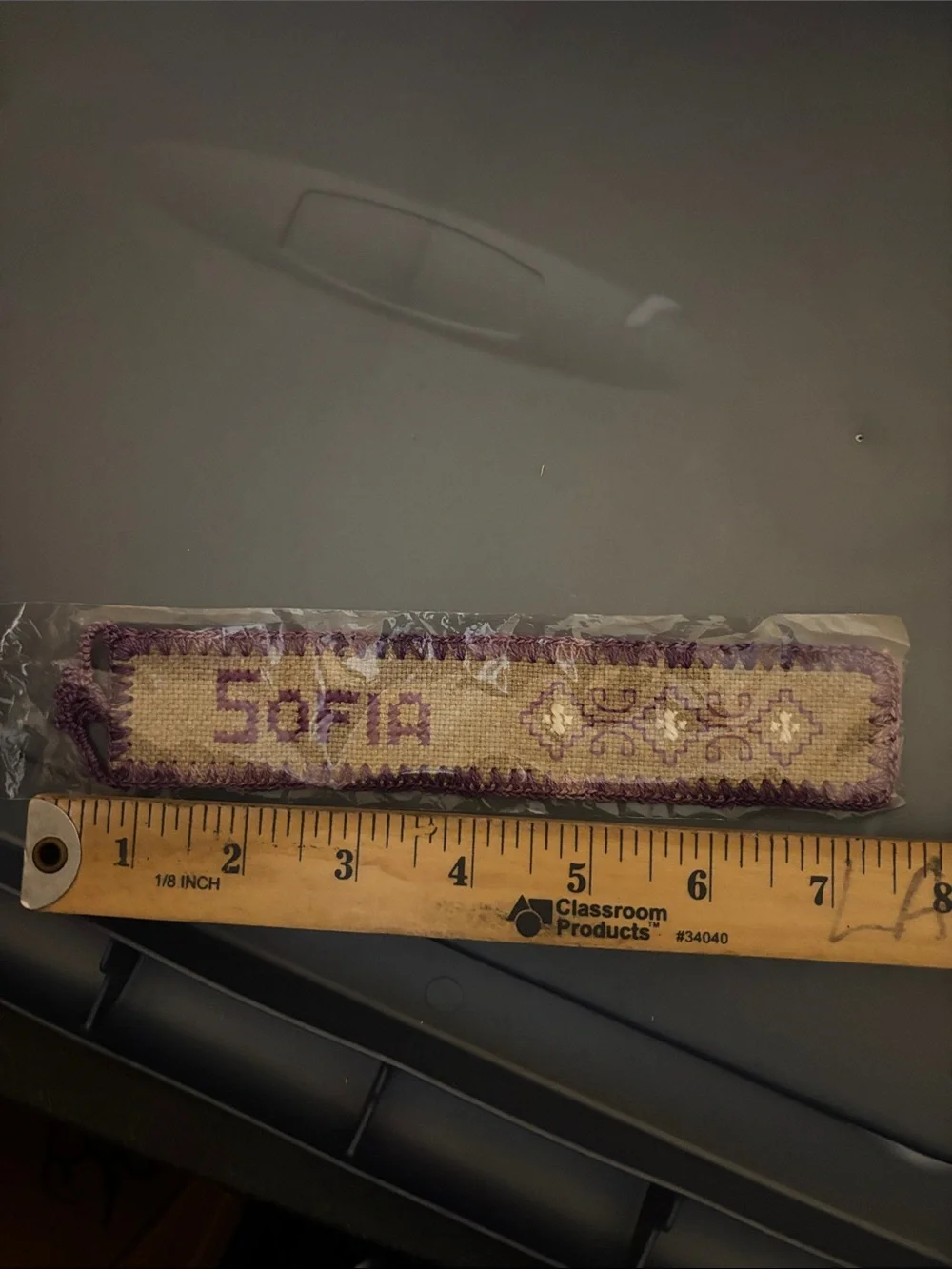 Handmade Embroidered Beige and Purple Bookmark